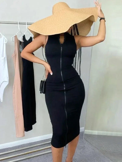 Sleeveless Black Bodycon Dress – Zipper Streetwear Summer Style