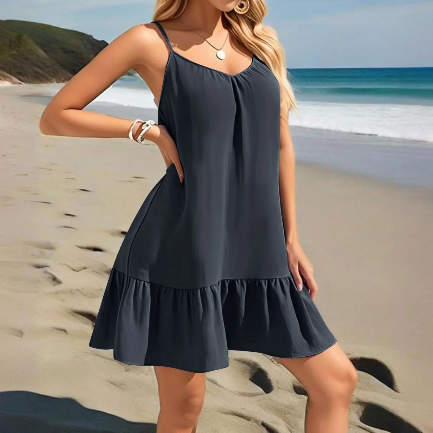 Spaghetti Strap Ruffle Dress – Sleeveless Beach Look