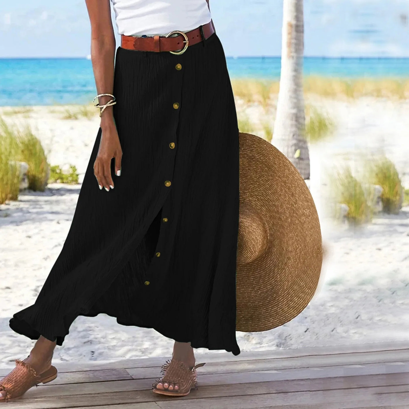 Boho High Waist Button Midi Skirt – Daily & Beach Wear