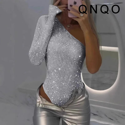 Sequined Asymmetrical Off Shoulder Bodysuit
