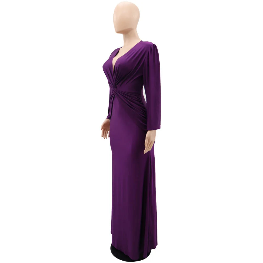 Elegant V-Neck Maxi Dress – Autumn A-Line Party Style