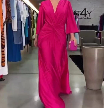 Elegant V-Neck Maxi Dress – Autumn A-Line Party Style