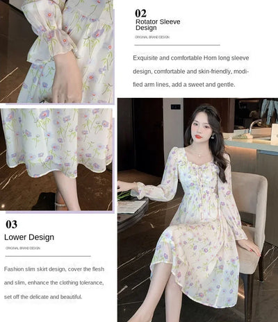Chiffon Splice Midi Dress – Loose Fit Korean Style 2025