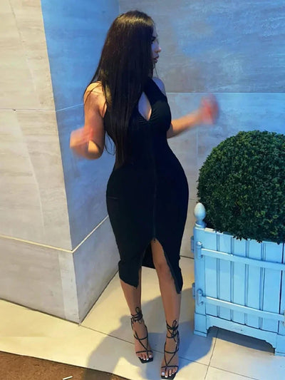 Sleeveless Black Bodycon Dress – Zipper Streetwear Summer Style