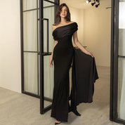 Elegant Black Slash Neck Maxi Dress