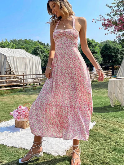 Green Floral Backless Ruffle Midi Dress – Summer 2024
