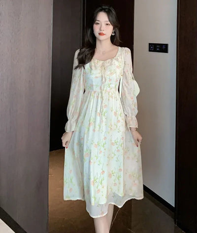 Chiffon Splice Midi Dress – Loose Fit Korean Style 2025