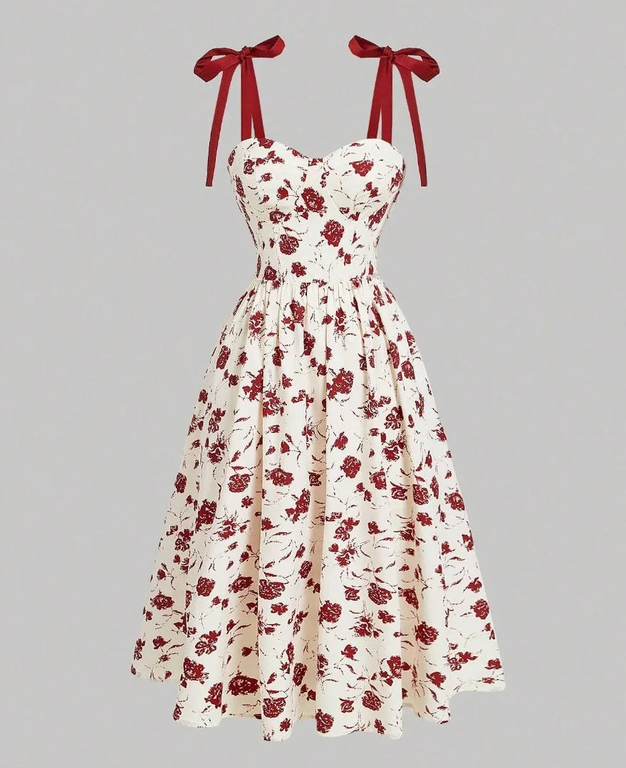 Floral Lace-Up Maxi Dress – Vintage Shoulder Strap Style for Summer
