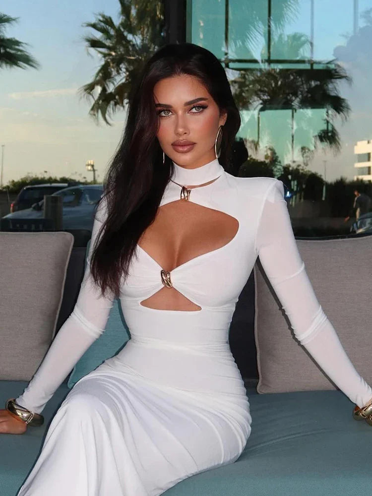 Sexy Hollow Out Sheath Dress – Turtleneck Long Sleeve Party Style