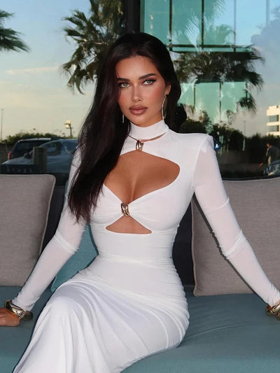 Sexy Hollow Out Sheath Dress – Turtleneck Long Sleeve Party Style