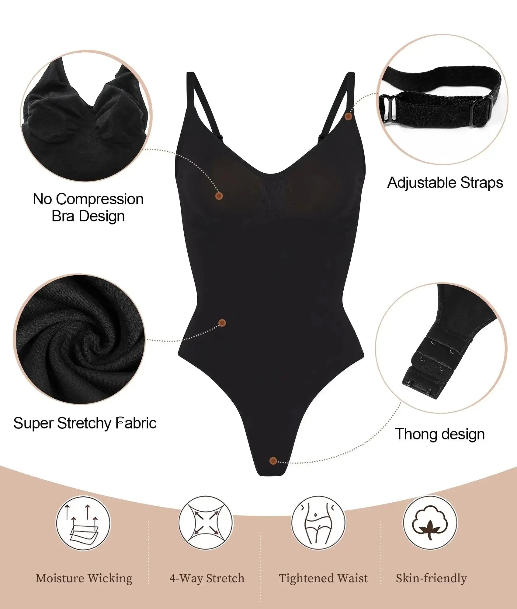 V Neck Spaghetti Strap Shapewear Bodysuit