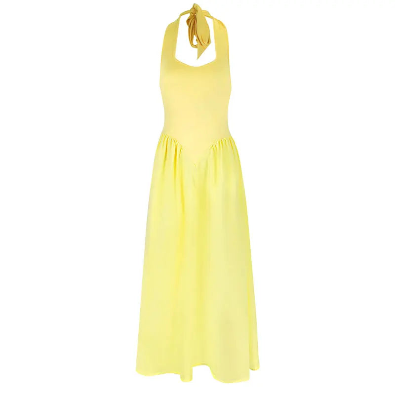 Backless Halter Maxi Dress – Solid Color V-Neck Slim Fit for Summer