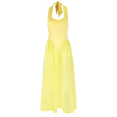 Backless Halter Maxi Dress – Solid Color V-Neck Slim Fit for Summer