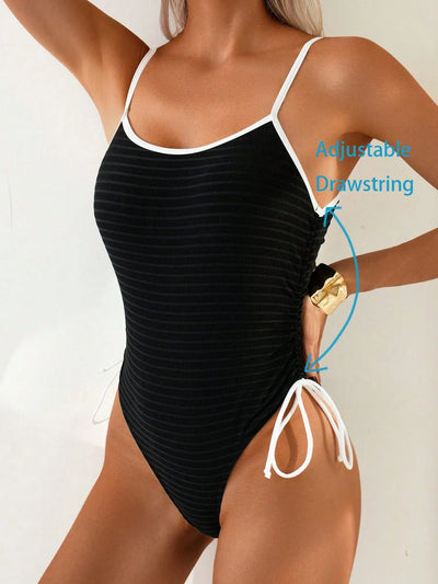 Black One-Piece Swimsuit – Tummy Control & Backless Tie