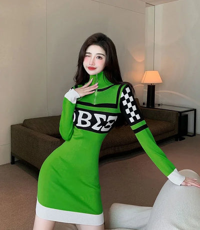 Sexy Crochet Bodycon Dress – Knitted Y2K Long Sleeve Look