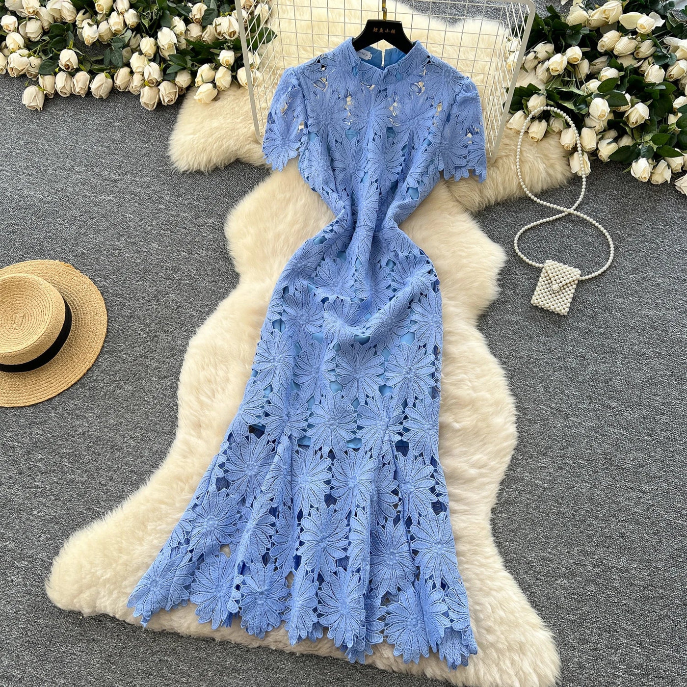 Slim Fit Lace Maxi Dress – French Hollow Out Style
