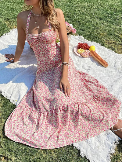 Green Floral Backless Ruffle Midi Dress – Summer 2024
