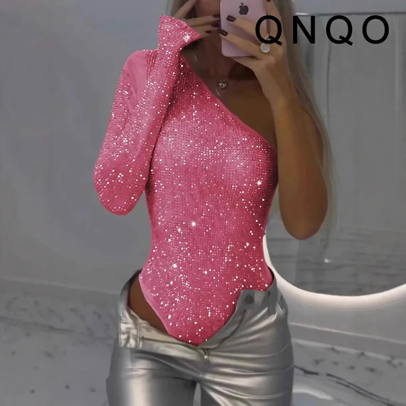 Sequined Asymmetrical Off Shoulder Bodysuit