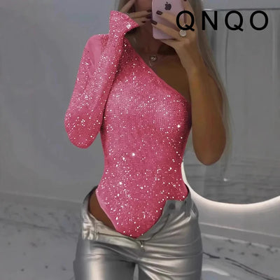Sequined Asymmetrical Off Shoulder Bodysuit