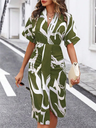 Printed V-Neck Split Dress – High Waist Pullover Style for Summer