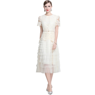 Luxury Lace Embroidered Midi Dress – A-Line Party Style 2025