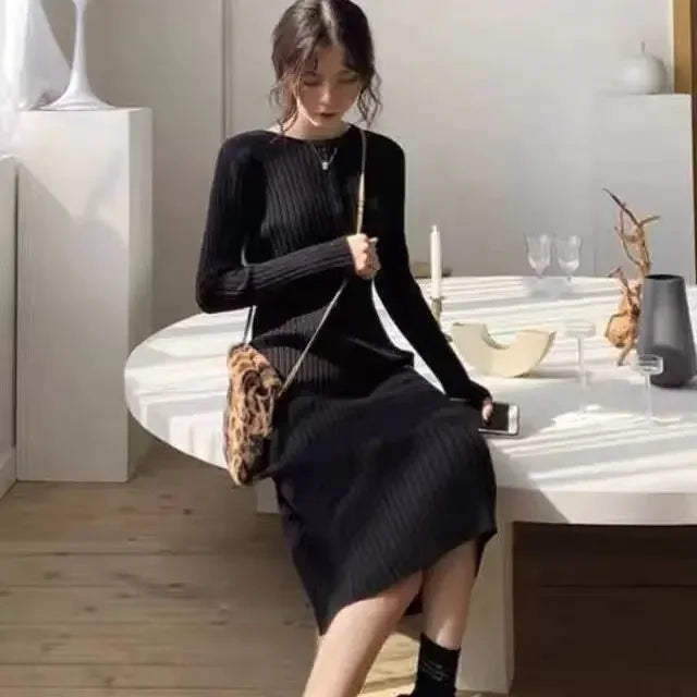 Knitted Crochet Midi Dress – Black Bodycon A-Line Autumn Style