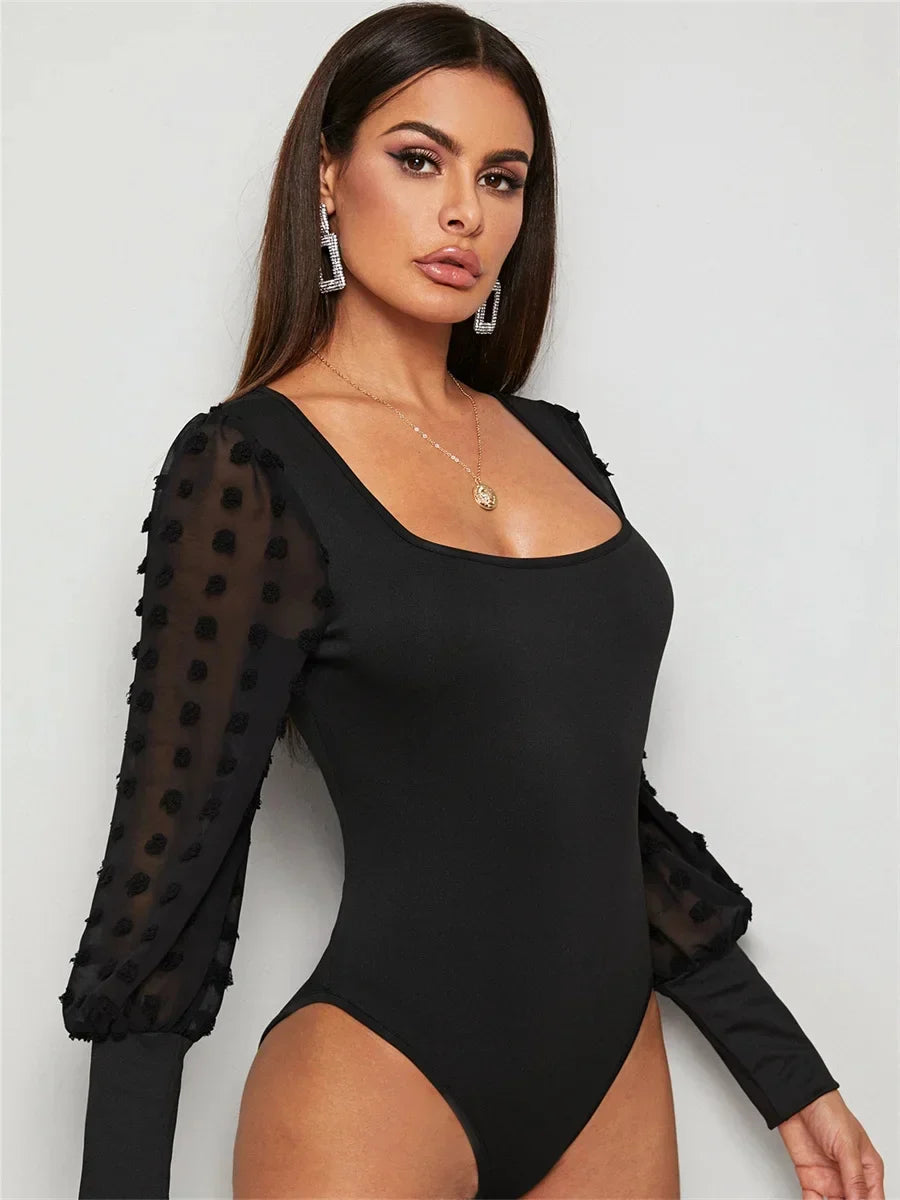 Square Neck Bandage Bodysuit – Slim Fit Long Sleeve