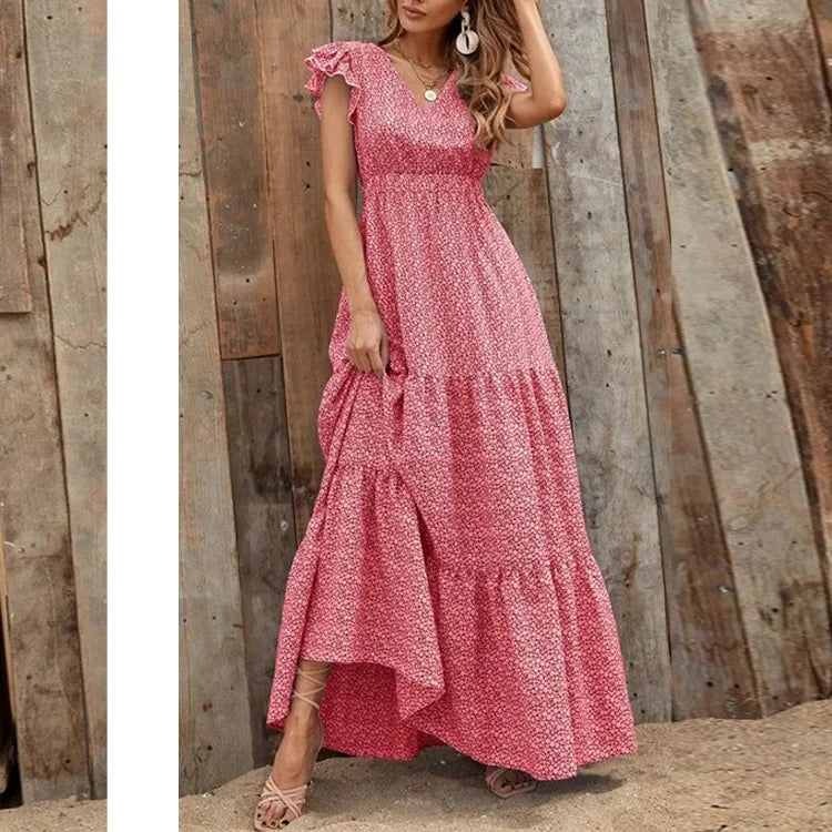 Printed V-Neck Split Dress – Summer High Waist Style