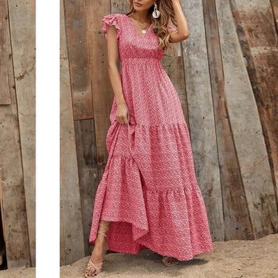 Printed V-Neck Split Dress – Summer High Waist Style