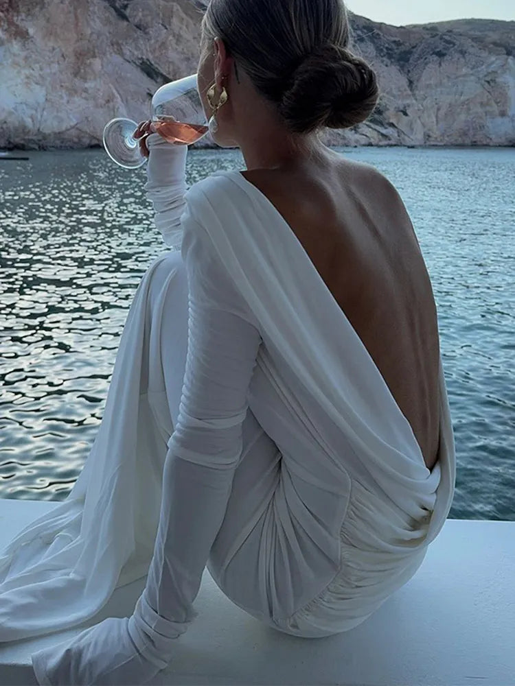 Backless White Long Sleeved Fit Dress