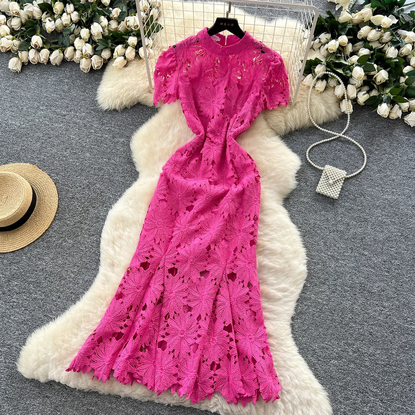 Slim Fit Lace Maxi Dress – French Hollow Out Style