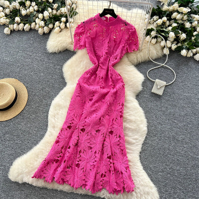 Slim Fit Lace Maxi Dress – French Hollow Out Style