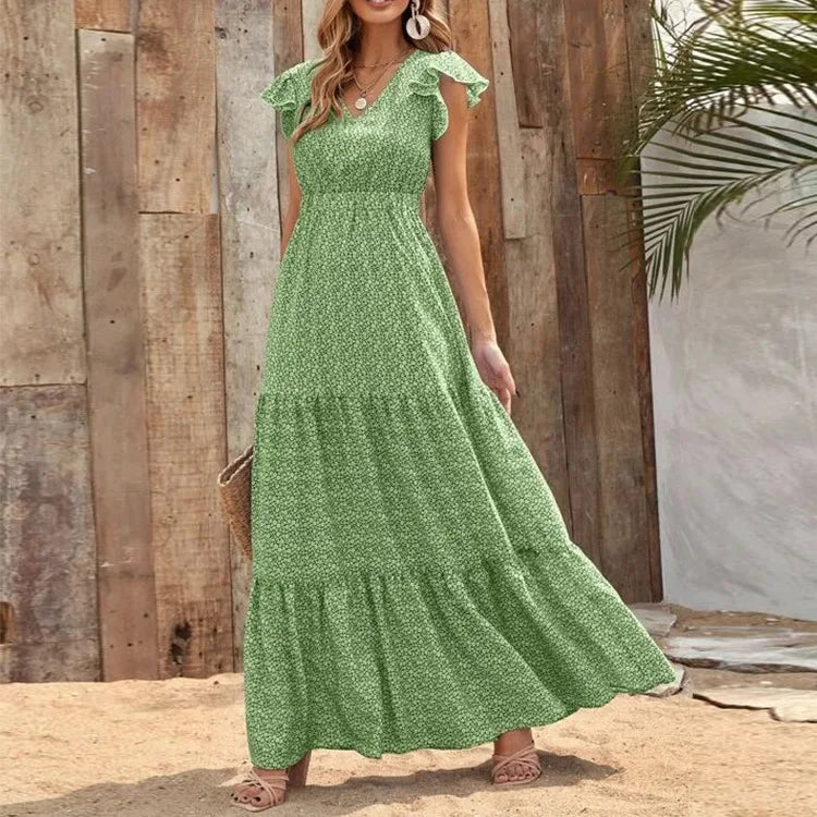 Printed V-Neck Split Dress – Summer High Waist Style