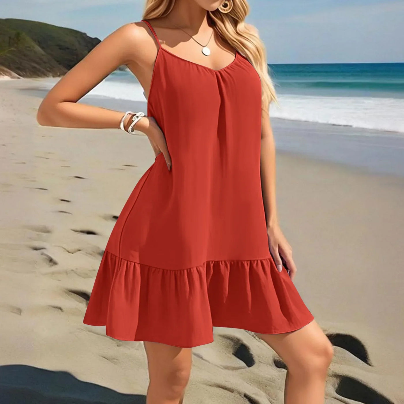 Spaghetti Strap Ruffle Dress – Sleeveless Beach Look