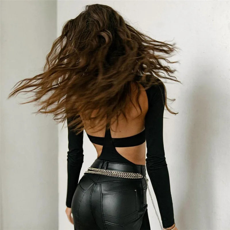 Cut-Out Bodysuit – Sexy Long Sleeve Skinny Fit in Black