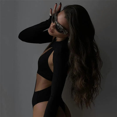 Cut-Out Bodysuit – Sexy Long Sleeve Skinny Fit in Black
