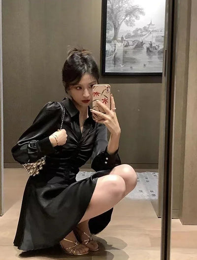 Elegant Long Sleeve Midi Dress – Korean Party Style