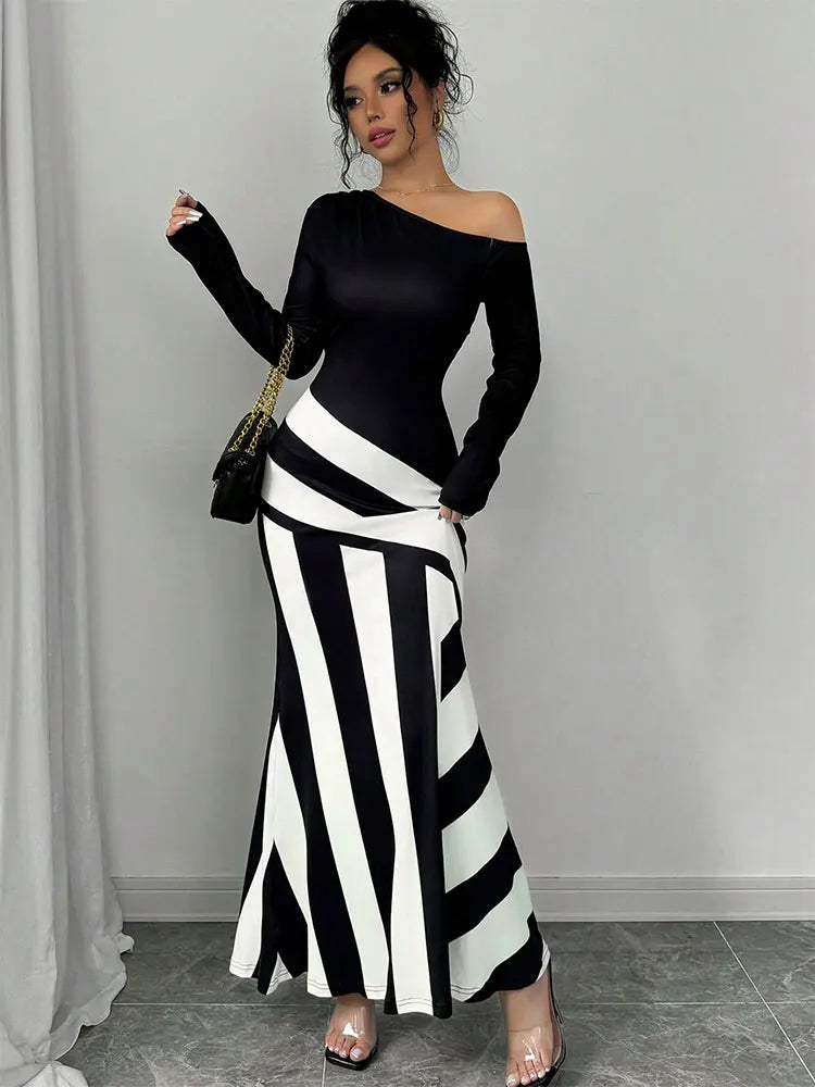 Black & White Patchwork Knitted Maxi Dress – Slim Streetwear
