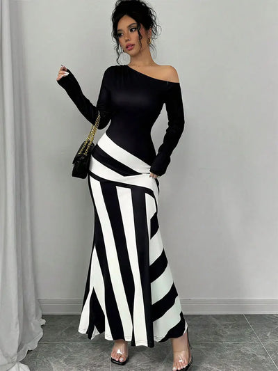 Black & White Patchwork Knitted Maxi Dress – Slim Streetwear