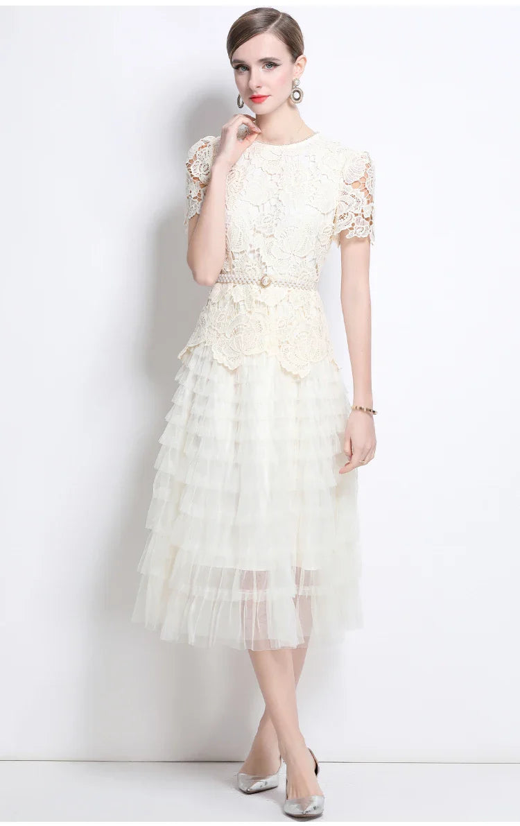 Luxury Lace Embroidered Midi Dress – A-Line Party Style 2025
