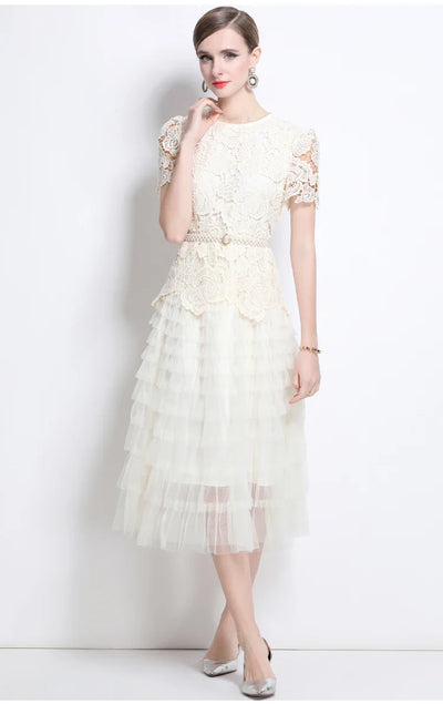 Luxury Lace Embroidered Midi Dress – A-Line Party Style 2025