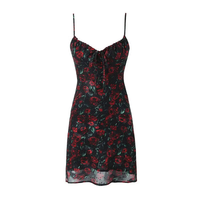 Vintage Floral Bodycon Midi Dress – Black Tie Front (Summer 2025)