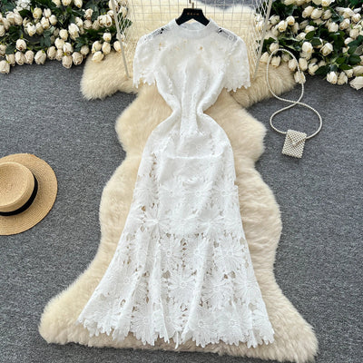 Slim Fit Lace Maxi Dress – French Hollow Out Style
