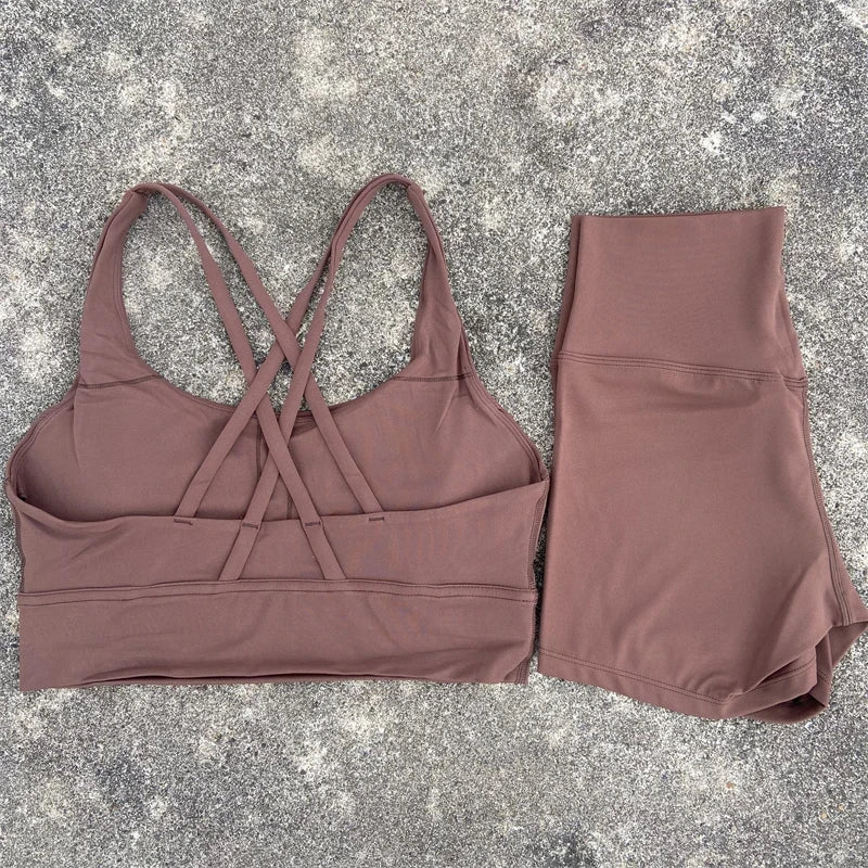2-Piece Workout Set – Cross Back Bra & High Waist Shorts