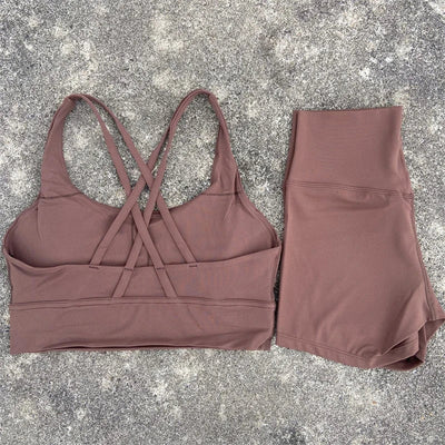 2-Piece Workout Set – Cross Back Bra & High Waist Shorts