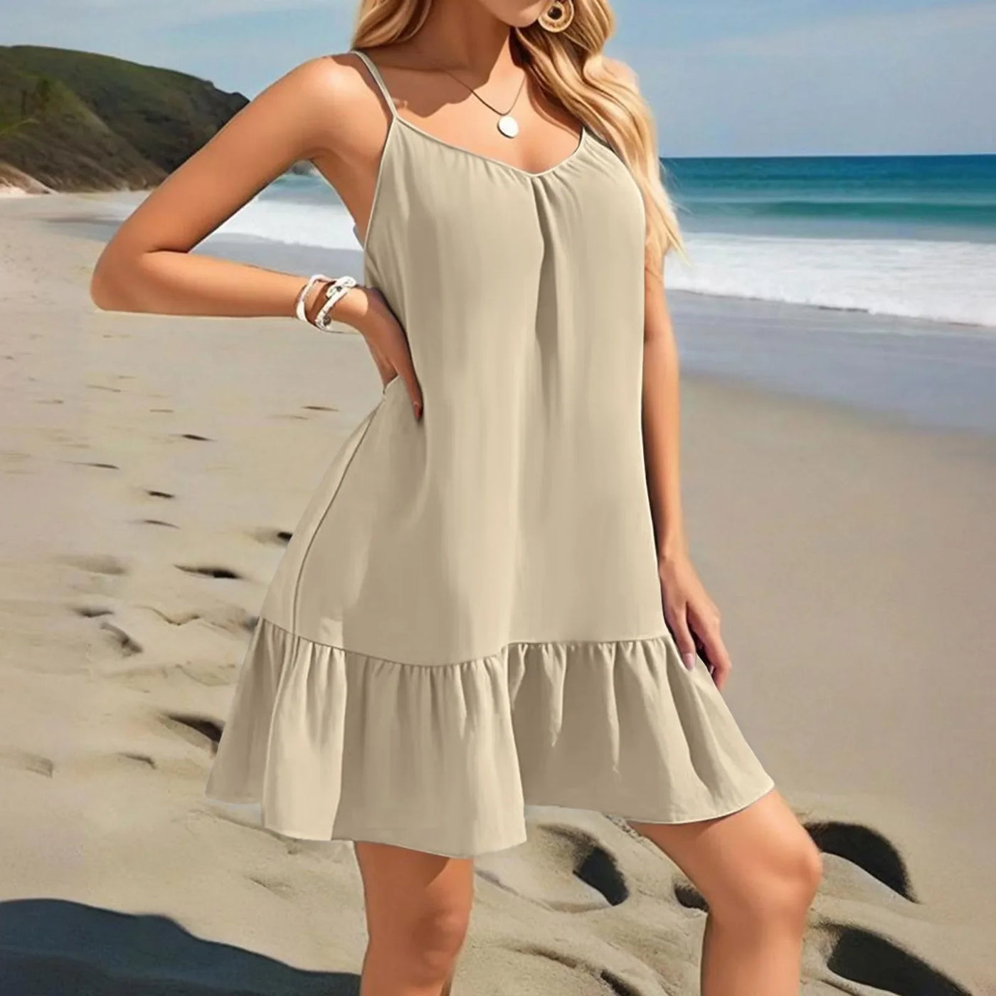 Spaghetti Strap Ruffle Dress – Sleeveless Beach Look