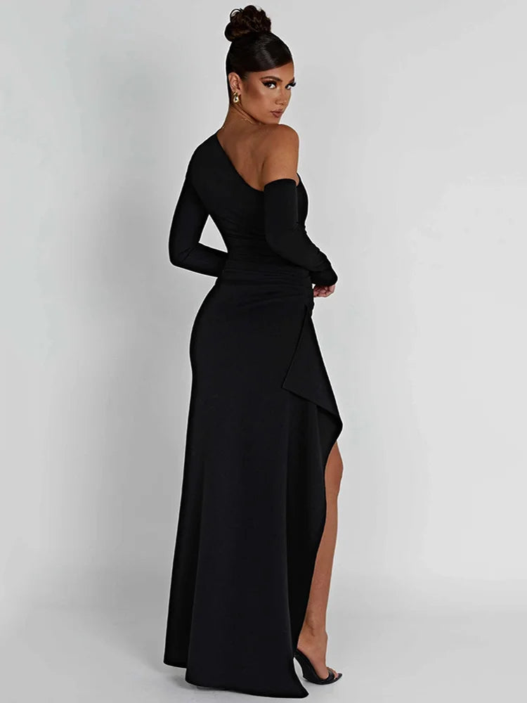 Oblique Shoulder Thigh High Split Maxi Dress