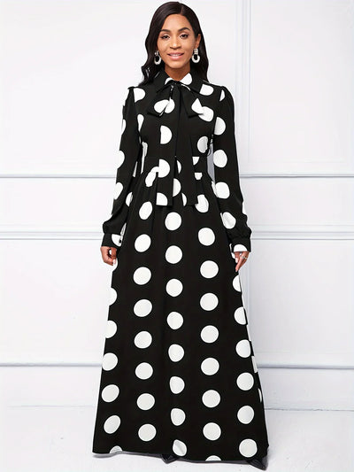 Polka Dot Maxi Dress – Elegant Bow Tie Casual Style