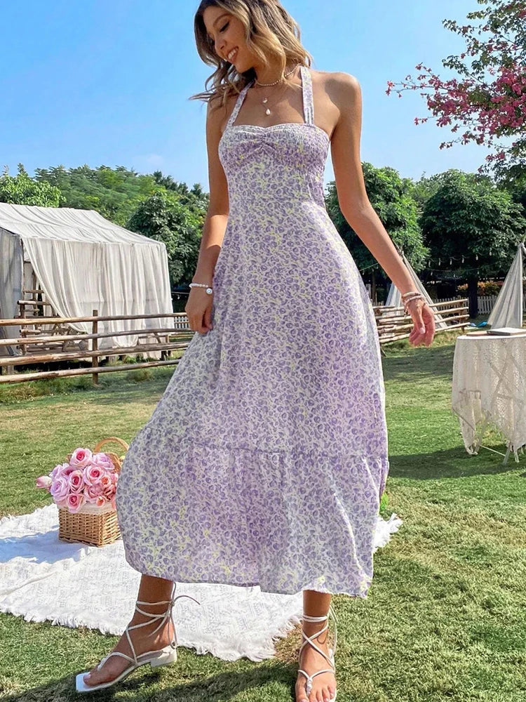 Green Floral Backless Ruffle Midi Dress – Summer 2024