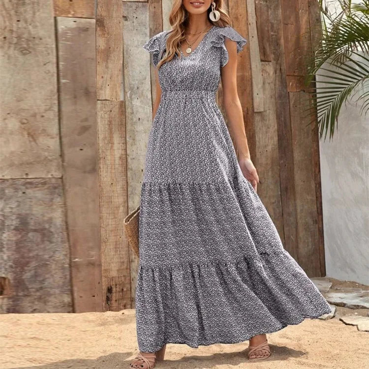 Printed V-Neck Split Dress – Summer High Waist Style